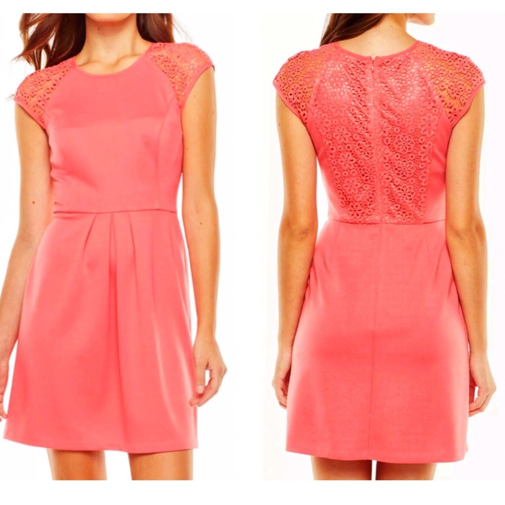 LC Lauren Conrad Lace Raglan Ponte Sheath Dress Sunkist Coral Women's Size 10